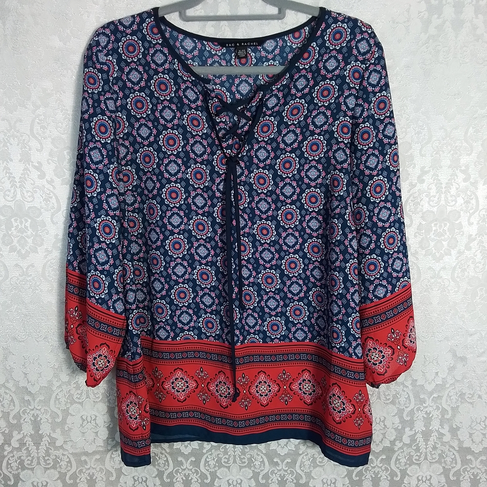 Zac & Rachel Navy and Red Printed Tie-Neck Blouse